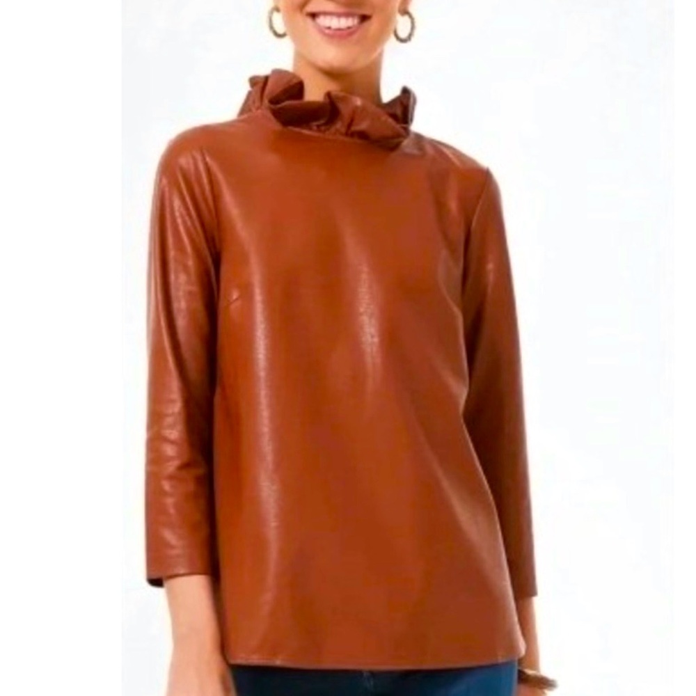 Cognac Ruffled Faux Leather Turtleneck Blouse – Size Medium | NWT